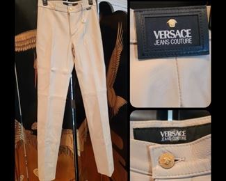 Versace leather pants, unhemmed