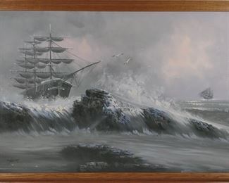 Original Tomas Honz Oil Painting of Ships at Sea