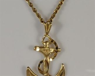 14K Gold Ship Anchor Pendant & 14k Rope Necklace