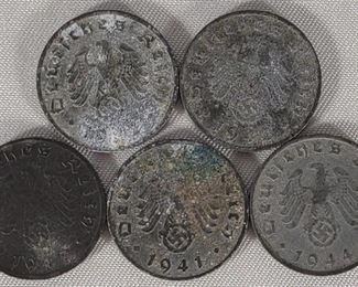 (5) WWII German 1 Reichspfennig Coins (1941-44)