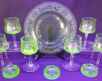 10 pc. Uranium Wine Glasses, Plate & Coasters