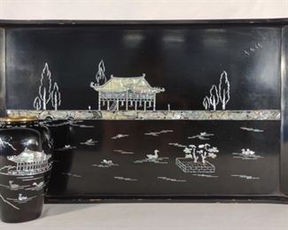 Vintage Lacquer Mother Of Pearl Inlaid Tray & Vase