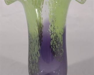 Green & Purple Spouted Art Glass Vase