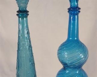 Two MCM Blue Glass Genie Bottles / Decanters