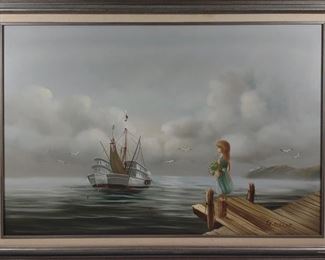 Original G. Miller Oil Painting of Harbor Girl