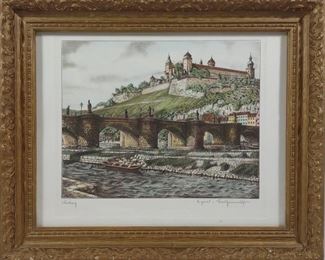 Artist Signed Colored Lithograph of Wurzburg