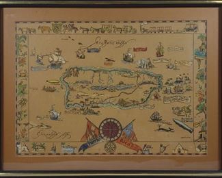 EBK Dooley Hand Colored Puerto Rico Pictorial Map