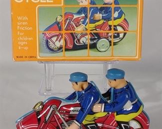 Vintage Police Motorcycle Tin Friction Toy w/ Box