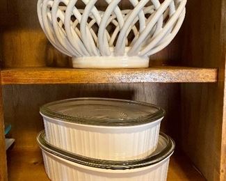 White Ceramic Woven Basket/Corning Ware