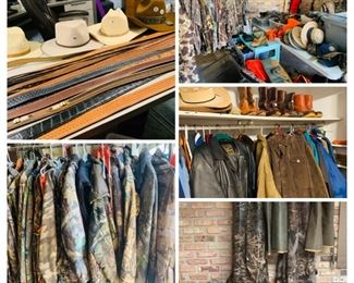 More hunting clothes, boots, and supplies than you can ever imagine
Sizes 12 boots
XL shirts and coveralls and waders
Size 42 hunting pants