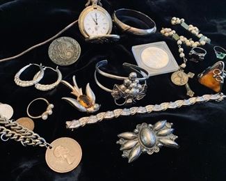 Jewelry including sterling and a 1781 Russian 5 Kopek coin. 