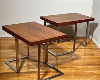 PAIR TEAK & CHROME SIDE TABLES | Mid-century modern end tables, with teak or rosewood veneer tops over chrome open frames, one with Maby label the other with different paper label - h. 22 x 30 x 20 in.
