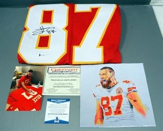 Travis Kelce (Kansas City Chiefs) Autographed Jersey, With Beckett COA Card And Sticker, And Travis Kelce Print By Jason Wilcox