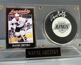 Wayne Gretzky Autographed Hockey Puck With 1991 Legends #1 Sports Card, In Acrylic Holder