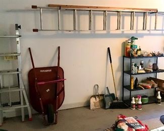Ladders, Wheelbarrow and Various Yard Supplies 