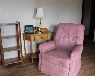 Oak Side Table, Desk or Dressing Table and Rocker and Lamp