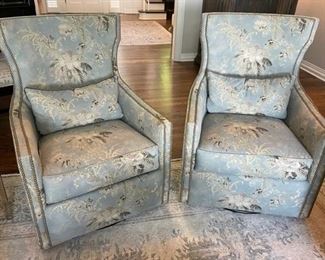 Huntington House swivel arm chairs with nail head accents (teal, cream & brown)