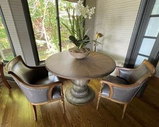 Hooker foyer table with CR Laine leather and wood carved side chairs