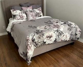 Queen bed with upholstered headboard, mattress is from Select Comfort 