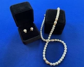 14k pearl and diamond earrings, 14k pearl necklace