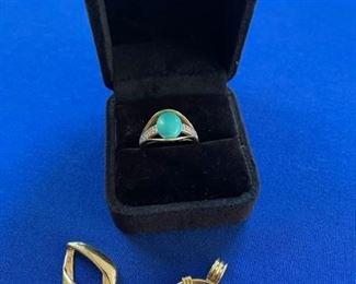 14k turqoise and diamond ring, 18k bezel 1758 Spanish gold coin, and 14k approx. 1 ct diamond slide