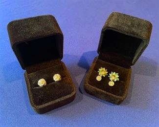 14k white gold and diamond cluster earrings, 14k diamond and emerald earrings