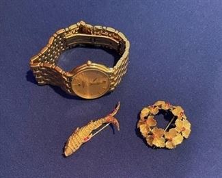 Raymond Weil watch - runs- sold Fidelio quartz, 18k Tiffany & Co. pin with rubies-sold,14k Ruby fish pin