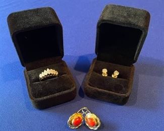 14k marquise diamond ring, 14k 1 ct total diamond earrings, 14k oxblood and coral earrings