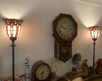 Vintage Regulator clock, oil lamp, stained glass lamps