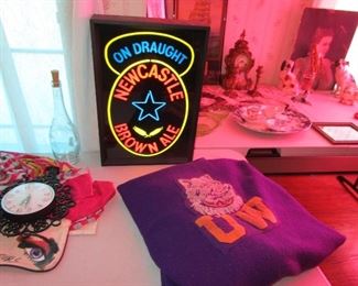 Vintage beer sign, vintage UofW blanket