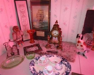 Antique bronze clock, flow blue, depression glass, tramp art frame, vintage art