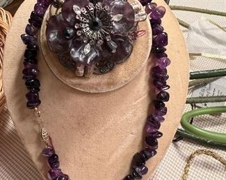 Amethyst nugget necklace and brooch pin