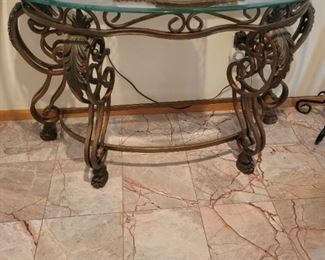 HEAVY GLASSTOP ORNATE MEATAL BASE ENTRY/CONSOLE TABLE