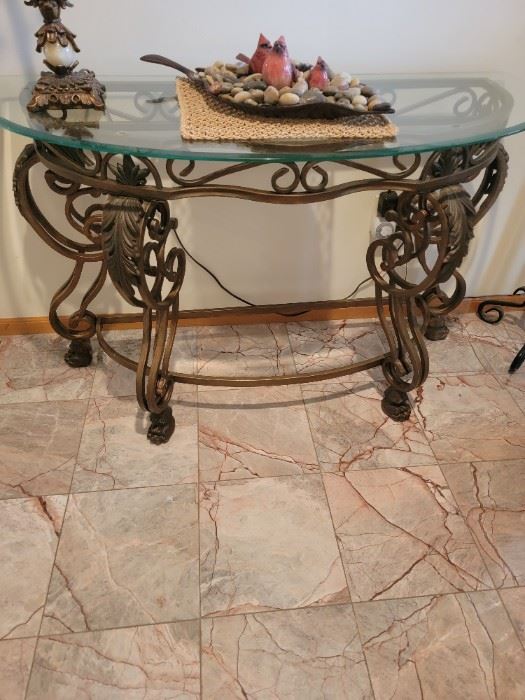 HEAVY GLASSTOP ORNATE MEATAL BASE ENTRY/CONSOLE TABLE