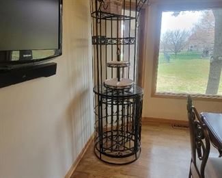 VINTAGE WROUGHT IRON BIRDCAGE STYLE WINE RACK WITH LOWER CABINET