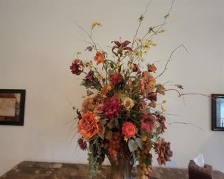 LARGE FLORAL WITH GRAPES IN HEAVY METAL URN