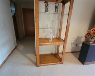OAK ETAGERE WITH GLASS SHELVES.  WE HAVE 2 OF THESE