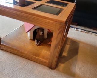 OAK END TABLE WITH GLASS INSERTS