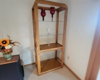OAK ETAGERE WITH GLASS SHELVING.  WE HAVE 2 OF THESE