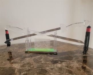 ETCHED GLASS SWORDS WITH TASSELS ON STAND