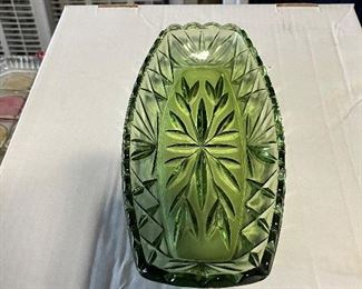 Green depression glass pickle dish. 