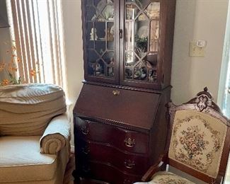 Chippendale Secretary and Antique Chair with Fabric 