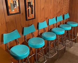 Snyder Philadelphia Mid Century Modern Atomic Plastic & Metal Retro Bar Stools (6 Available) {Seats approximately 28.5” high; backs approximately 37.5” tall; seats approximately 12.5” across}