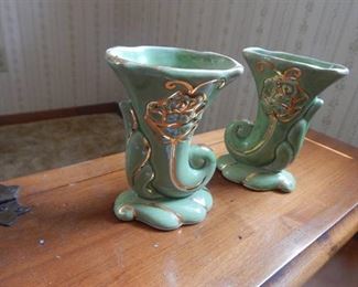 Vintage Green & Gold Trumpet Vases