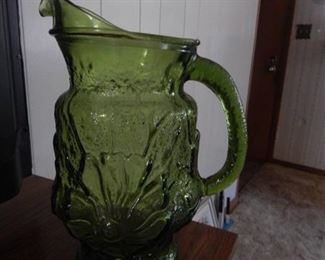 Vintage 1970s Green Glass Pitcher