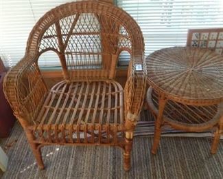 Brown Wicker Chair & Side Table.
