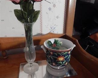 Glass bud Vase, Mirror & Colourful Pot