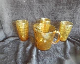 Vintage 1970s Amber Glass Pitcher & Glasses (3)