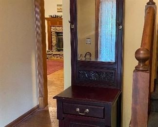 Antique Carved Mirrored Hall Tree Stand