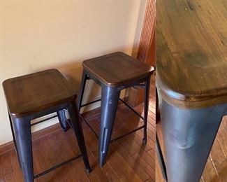 Pair Metal Woodgrain barstools